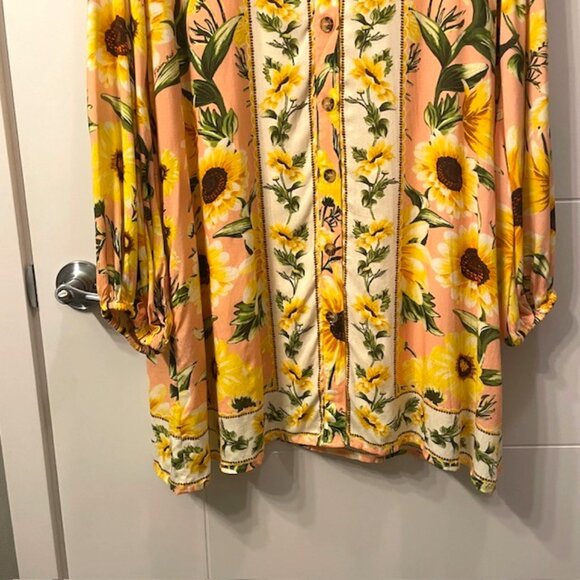 NWT Farm Rio Anthropologie Long Sleeve Button Front Mini Sunflower Dress Large - Picture 7 of 16